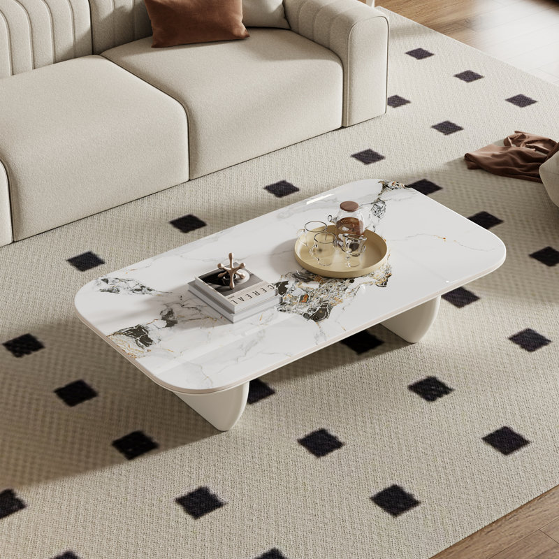 Neatha Modern 51" Rectangular coffee table, White Sintered Stone Tabletop, Brown Solid Wood Legs for livingroom, Brown