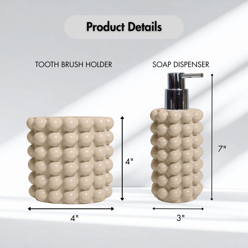 Ensemble d'accessoires de salle de bain texturé à bulles 2 pièces, distributeur de savon en résine et porte-brosse à dents pour salle de bain, chambre d'invité, appartement et dortoir Better Sand Nova Collection