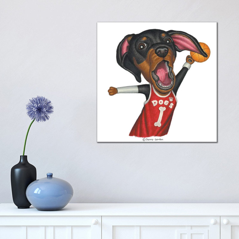 Dachshund Basketballer - Floater Frame Square Print on Canvas, 45.72 cm H x 45.72 cm W x 1.91 cm D, Wrapped Canvas