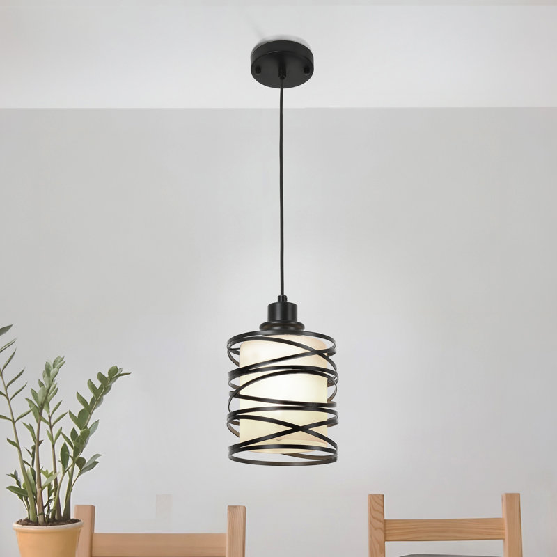 Yadah 1-Light 6.29" Swirl Cage Pendant Light Hanging Fixture for Kitchen Island, Matte Black, Frosted