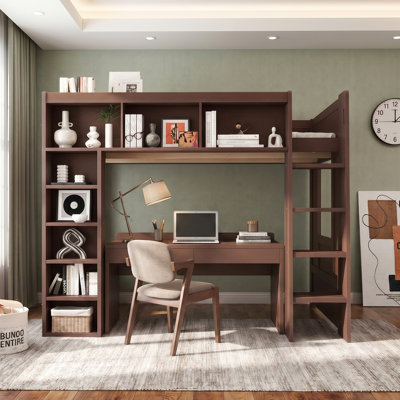 Queen Size Wooden Loft Bed Frame With Full-Length Guardrail、Storage Cabinets And Shelves,Multifunctional Integrated Design,Easy To Assembly