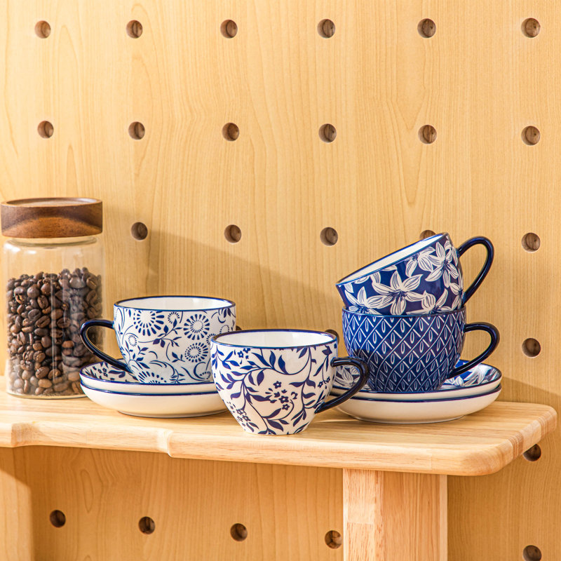 Ensemble de 4 tasses à café et soucoupes en céramique à motif floral, 4 tasses à thé 8 oz avec décalcomanie botanique, ensemble complet de 4