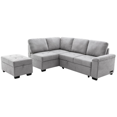 Sectional Couch -Bed With & , Soft Gray Velvet Seating Sleeper Fabric