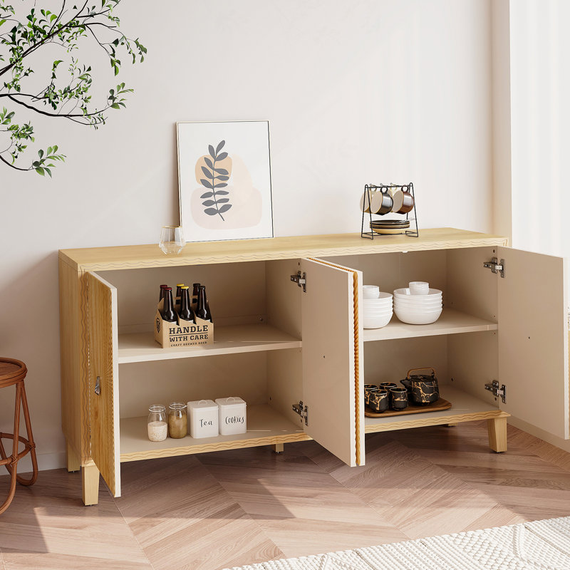 Storage Cabinet, Carved Scatter Pattern Dining Sideboard, Large Buffet with Adjustable Shelves, Natural
