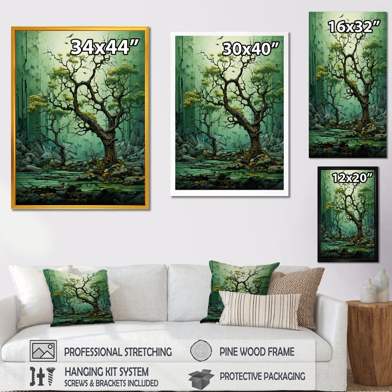 «Green Spring Blooms Tree Forest II», art mural arbre, Cadre simple noir, H 44 po x l 34 po x P 1,5 po