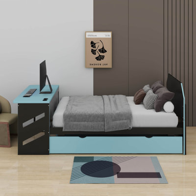 Lit de jour double avec lit gigogne, bureau et port USB - Lit plateforme moderne en bois