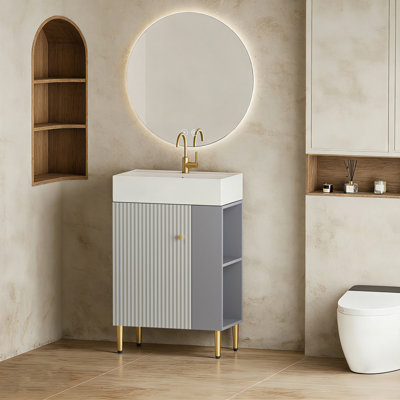 Meuble-lavabo 21,6 po avec lavabo en céramique, porte à fermeture en douceur et tablettes ouvertes, finition grise