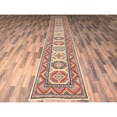 2'9"x15'4" Linen White, Kazak with Geometric Medallions Design, Vegetable Dyes, Denser Weave, Hand Knotted, Pure Wool, XL, Runner, Oriental Rug