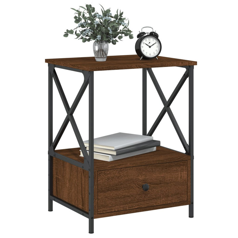 Ardi 50 cm W Iron Bedside Table, Brown Oak