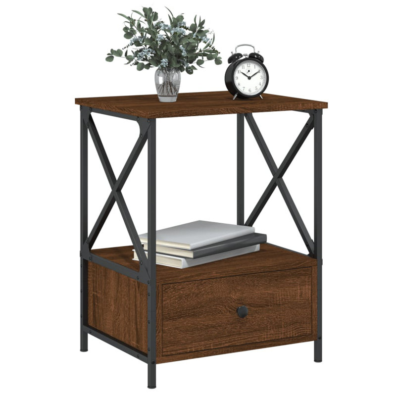 Ardi 50cm W Iron Bedside Table, Brown Oak