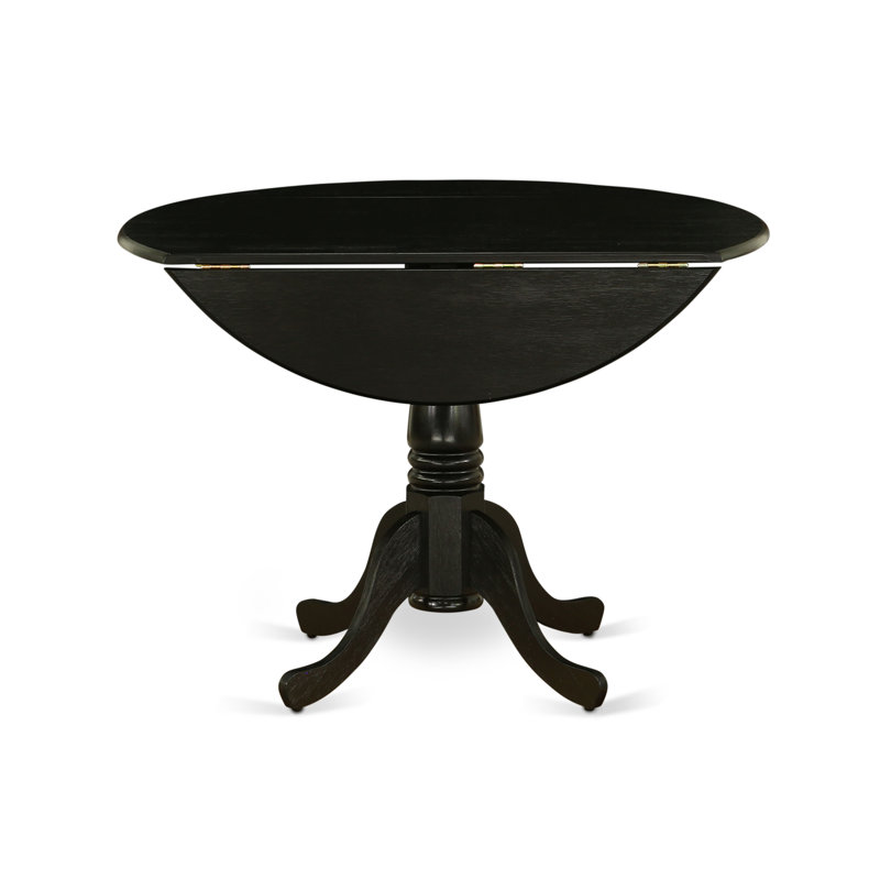 5 Piece Kitchen Table & Chairs Set Includes a Round Dining Room Table with Dropleaf and 4 Blue Linen Fabric Upholstered Chairs, 42x42 Inch, Wirebrushed Black