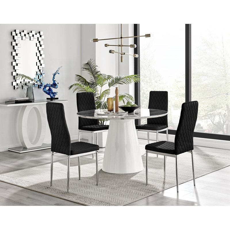 Beca Statement Pedestal Round Dining Table Set & 4 Luxury Velvet Dining Chairs, Black/Silver