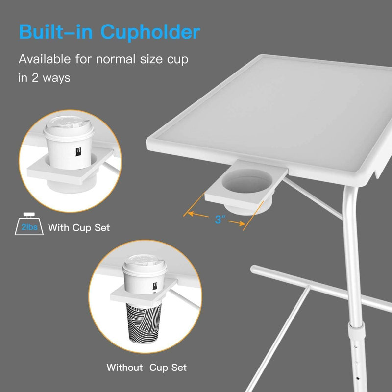 White Adjustable Portable TV Tray Table with Cup Holder