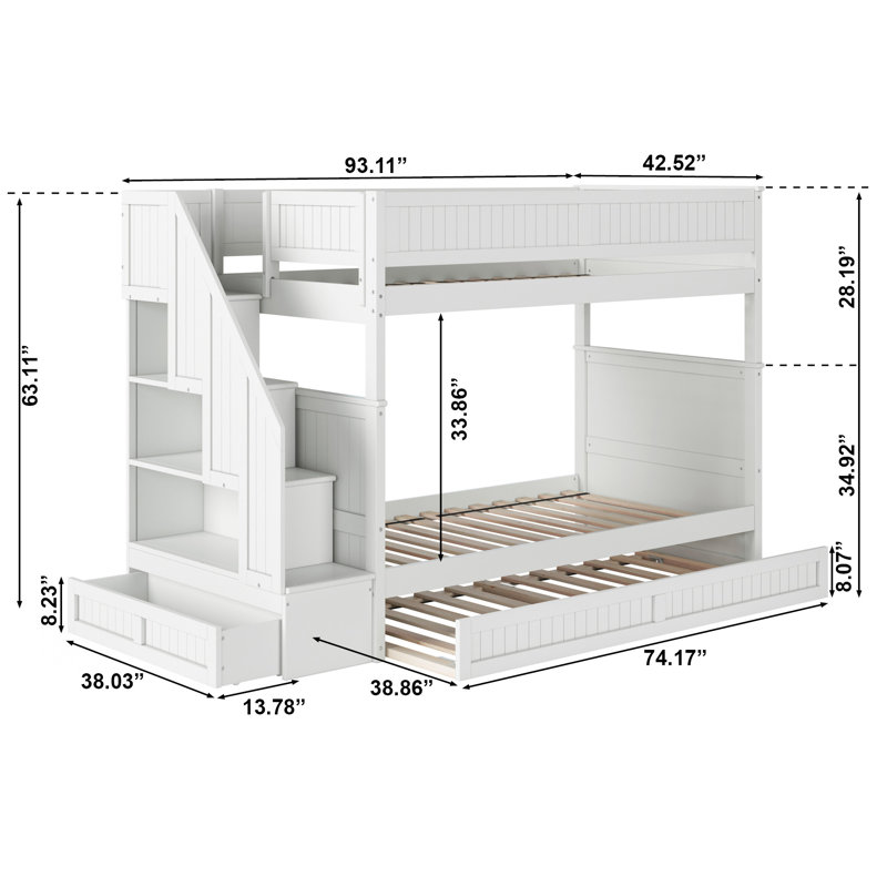 Keaire Staircase Bunk Bed with Storage Drawer and Twin Trundle, White, Twin Over Twin