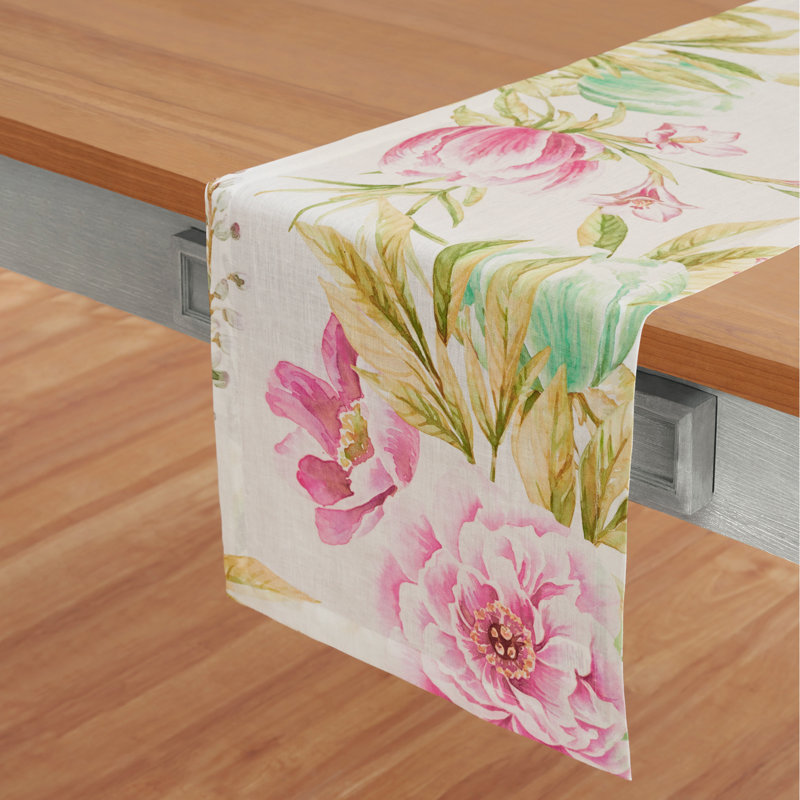 Peonies - 100% Linen Printed Table Runner, 90" x 14"