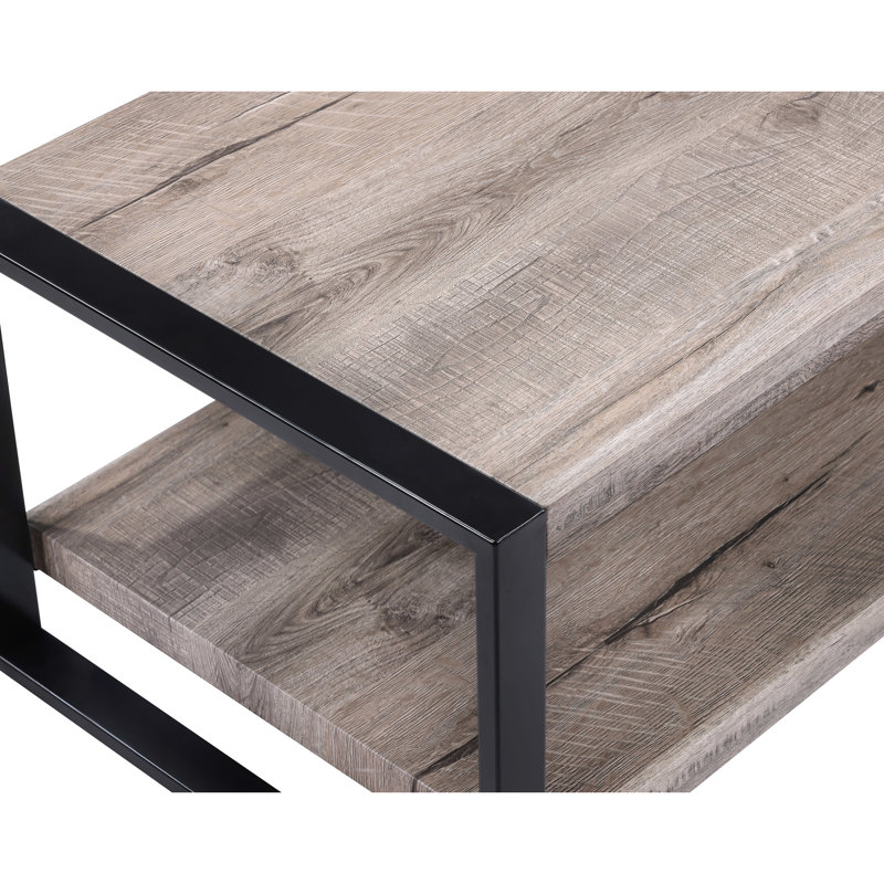 Ensemble de cocktail contemporain 3 pièces, 1 table basse rectangulaire et 2 tables de bout carrées, brun rustique, noir, salon, meubles en bois