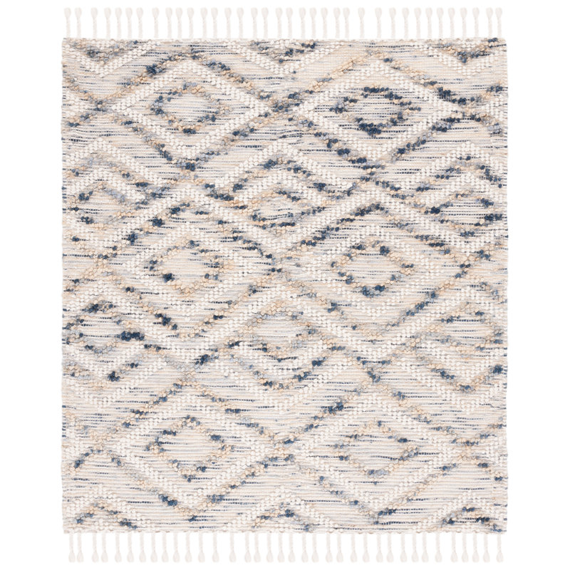 Tapis géométrique bleu / ivoire en laine / jute tissé à la main Honesdale, Carré 6 pi