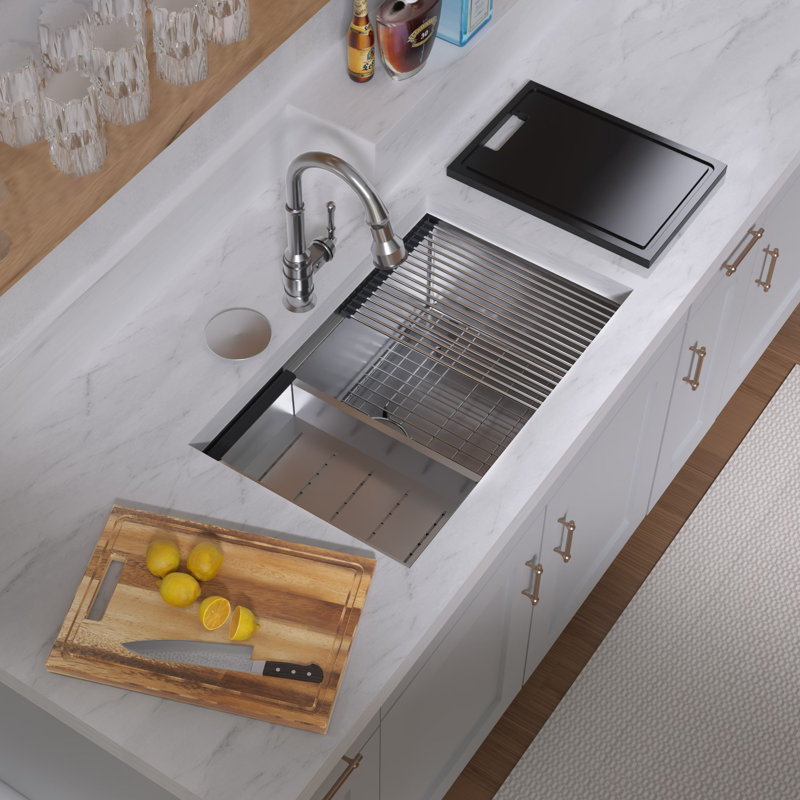 Whitehaus 30" Undermount Single Bowl 16 Gauge Brushed Stainless Steel Workstation Sink With Accessories, 30"