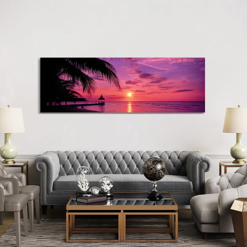 Coucher de soleil sur l'océan, impression d'art mural encadré, H 12 po x l 36 po, Toile tendue, Ne s’applique pas
