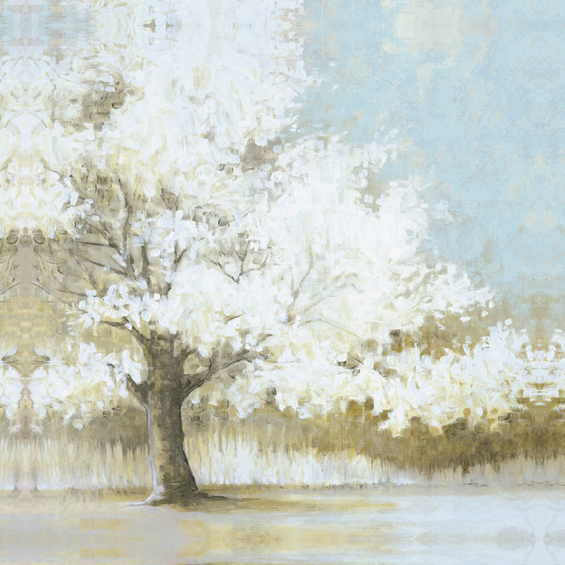 Arbre blanc sur fond doré et bleu - reproduction d'art sur toile tendue, H 36 po x l 36 po