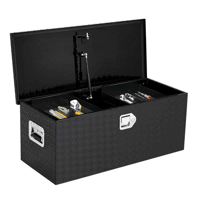 Heavy Duty Black Aluminum Truck Bed Tool Box - Lockable Weatherproof Diamond Plate Storage Chest with Side Handles & Gas Strut Lid, Star Design (30x15x15 Inch Black Star Diamond Design Case)
