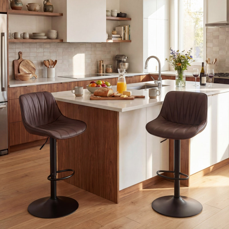 Modern Height Adjustable Swivel Bar Stools Upholstered Leather Barstool Kitchen Island Chairs with Metal Frame, Brown