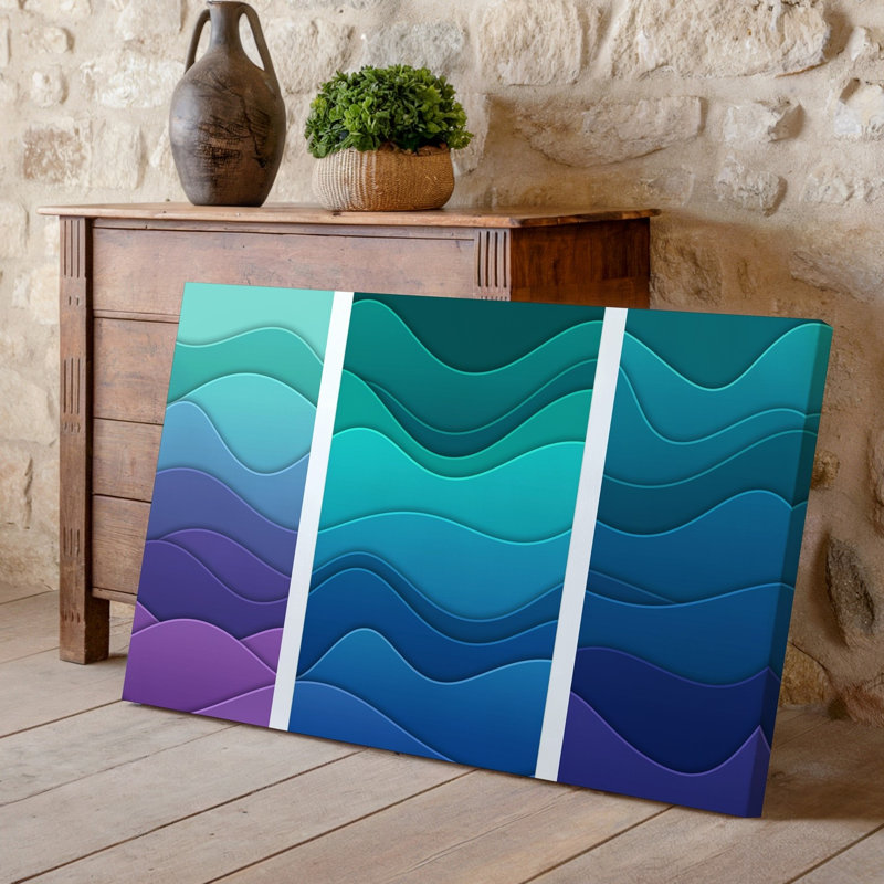 Reproduction d'art abstrait numérique sur toile avec une série de rayures murales ondulées dans des nuances variées de sarcelle turquoise