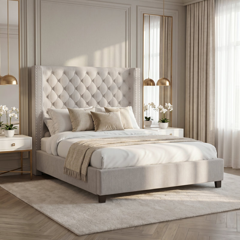 Charette Upholstered Wingback Bed, King, Ivory