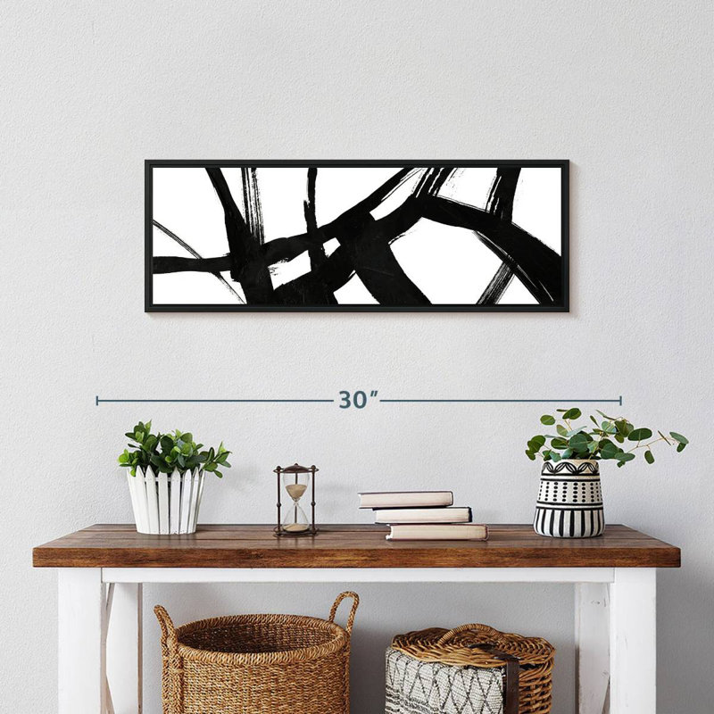 Encre noire stries V, 25 po x 9 po, Cadre flottant noir