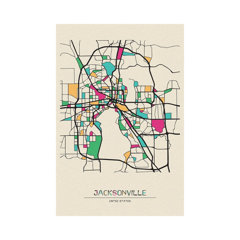 Jacksonville, Florida Map by Ayse Deniz Akerman - Wrapped Canvas Gallery-Wrapped Canvas Giclée, 20.32 cm H x 30.48 cm W