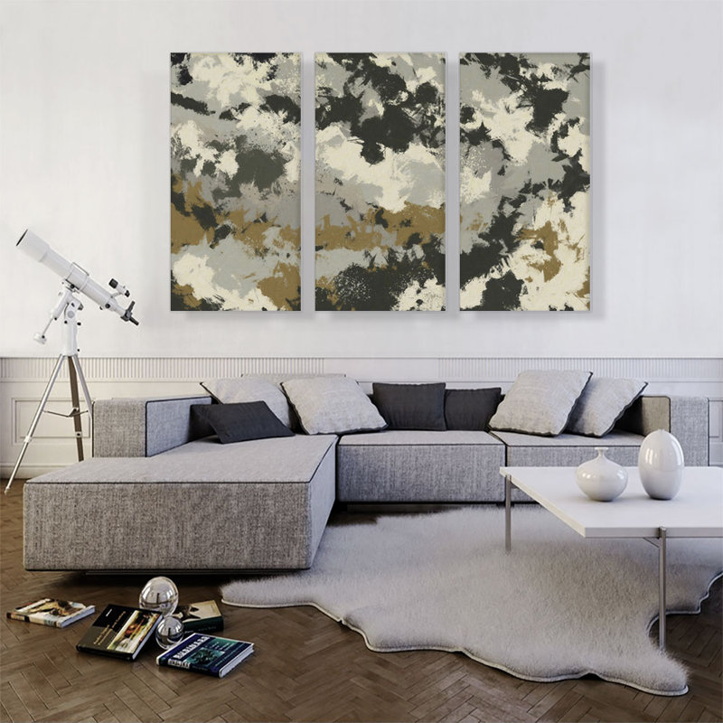 Olive gris brun clair noir moderne - ensemble de 3 reproductions d'art sur toile tendue, H 40 po x l 60 po x 1,5 po