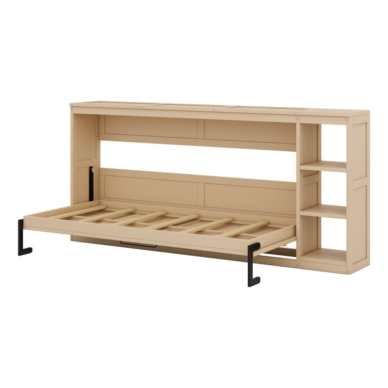 Lit escamotable simple en bois avec bibliothèque, lit armoire simple, Lit simple, Naturel