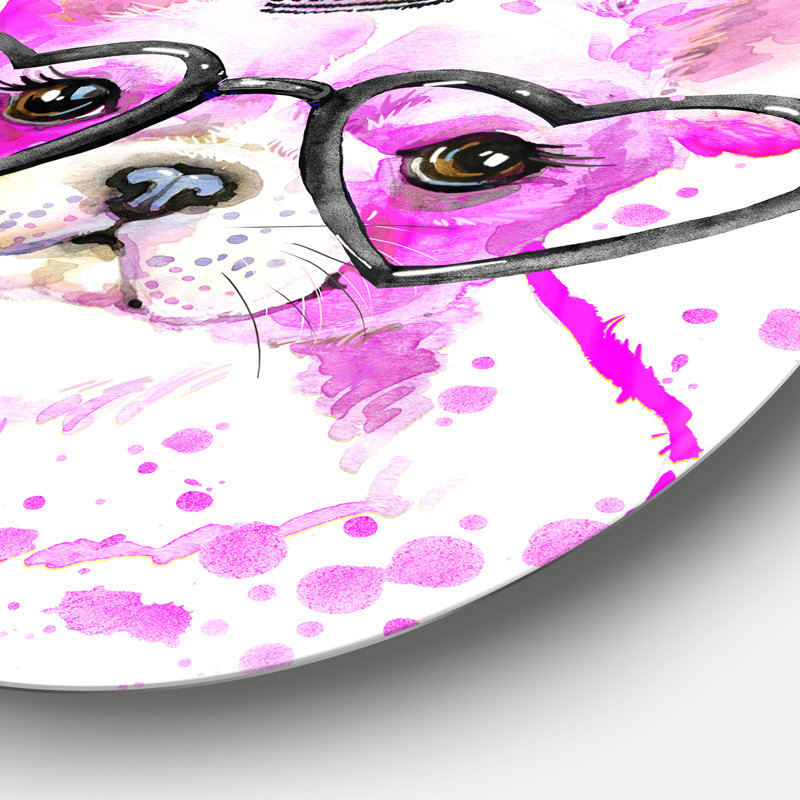 Mignon chien rose avec des lunettes en forme de cœur - reproduction d'art, H 11 po x l 11 po x P 1 po, Métal