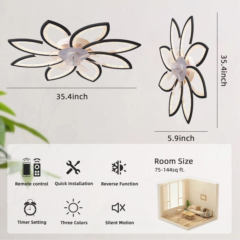 35.4In Ceiling Fan With Lights, Remote Control 3 Color Temperatures,6 Gear Wind Speed Fan Light, White, Black