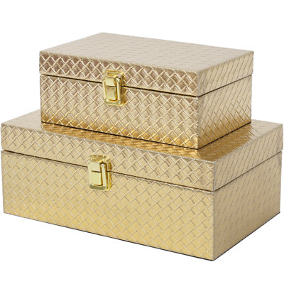 Faux Leather Decorative Jewelry Storage Organizer Boxes Set Of 2, Gold