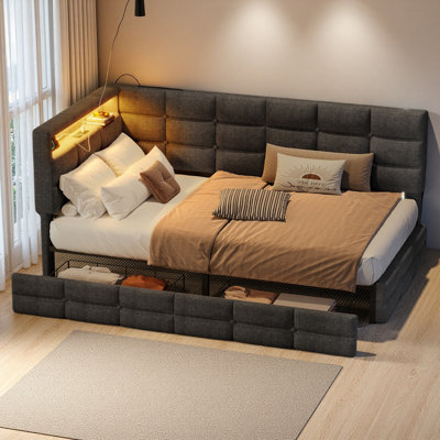 Twin Size Daybed With Storage 2 Drawers And Charging Station, Day Bed Frame With LED Lights And Storage Headboard, No Box-Spring Needed