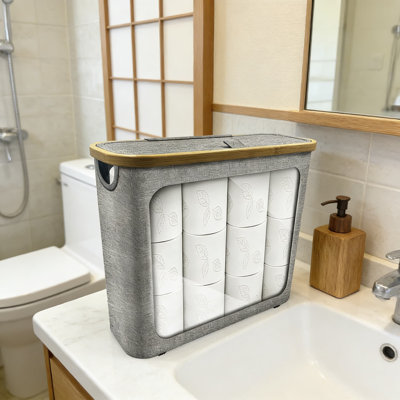 Panier de rangement pliable pour salle de bain avec couvercle, organisateur de grande capacité pouvant contenir 9 à 12 rouleaux de papier hygiénique, fenêtre avant transparente, conception à l'épreuve de la poussière pour les serviettes et les articles essentiels
