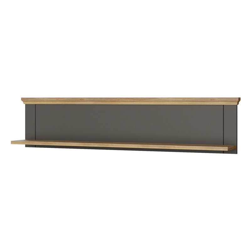 Modern cottage style wall panel with shelf, engineered wood, dark grey/light oak decor, 149.6 cm W x 33.2 cm H x 19.3 cm D