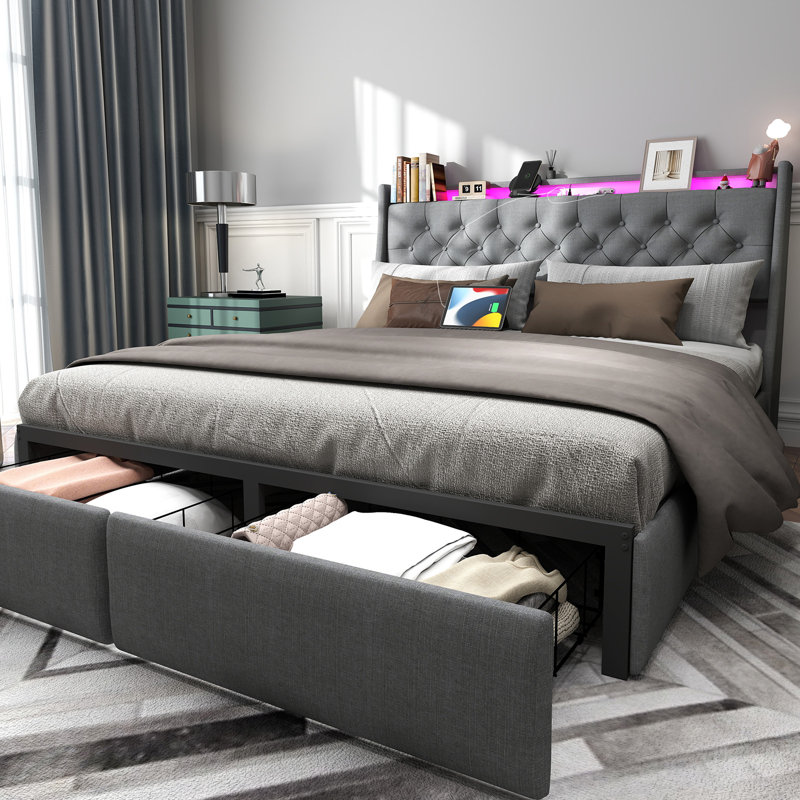 Gray Queen Upholstered Bed Frame with LED Lights and Storage