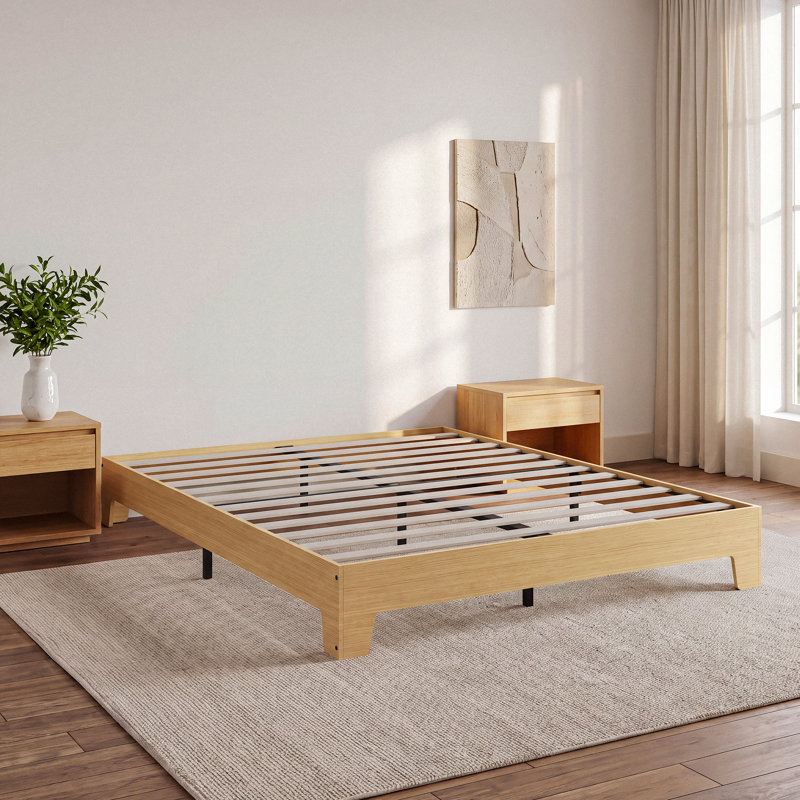 Cadre de lit plateforme en bois de format California King, profil bas, avec lattes en bois silencieuses, Tan Full