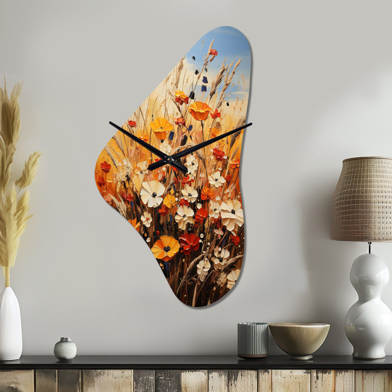Politi Orange Yellow Seasonal Flowers Seasonal Collage II - Seasonal Flowers Unique Shape Metal Clock, Orange Asymmetrical Wall Clock Print