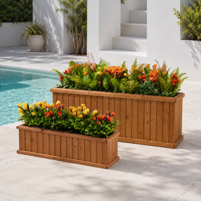 2-Piece Cedar Wood Outdoor Planter Box Set with Drainage, 40-Inch and 60-Inch Rectangular, Brown