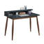 Bureau gris style années 50 avec 3 casiers ouverts, pieds fuselés, 109 cm L x 60 cm P x 87 cm H, plateau évasé en bois.