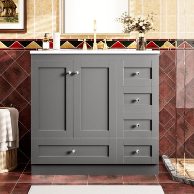 Meuble-lavabo moderne de 36 po de style Shaker, lavabo en céramique facile à nettoyer, armoire spacieuse sous l'évier, quatre tiroirs à fermeture en douceur, poignées et tiroirs de 36 po à la corrosion, poignées en aluminium, idéales pour