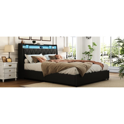 Full Bed Frame With Ergonomic Headboard, Outlets, , Led , And Storage - Noise Metal Frame, No Box Spring Needed Built In , ,