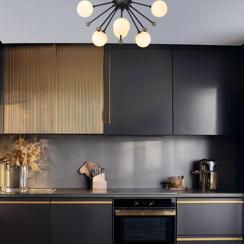 6 Lights Metal Body Semi Flush Mount With Glass Cap, Black/Antique/White