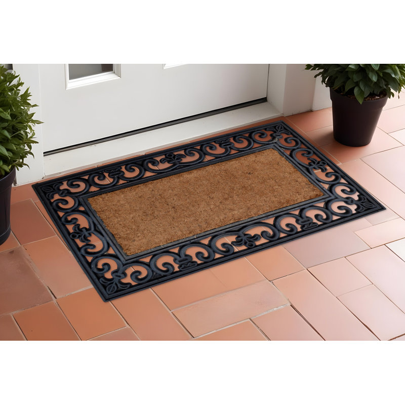 18" X 30" Beige and Black Rubber and Coir Outdoor Door Mat