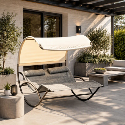 Outdoor Rocking Day Bed with Canopy, Pillow-Headrest, and EVA Foam Armrests for Patio and Garden Relaxation