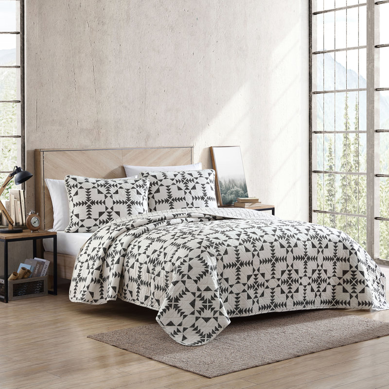 Ivory and Charcoal Cotton Twin Reversible Quilt Set