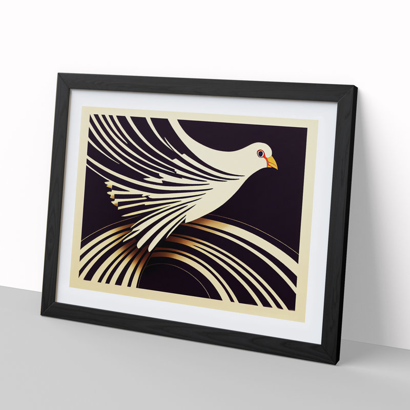 Art Deco Dove Bird Abstract - Single Picture Frame Print, Black, 46cm H x 64cm W